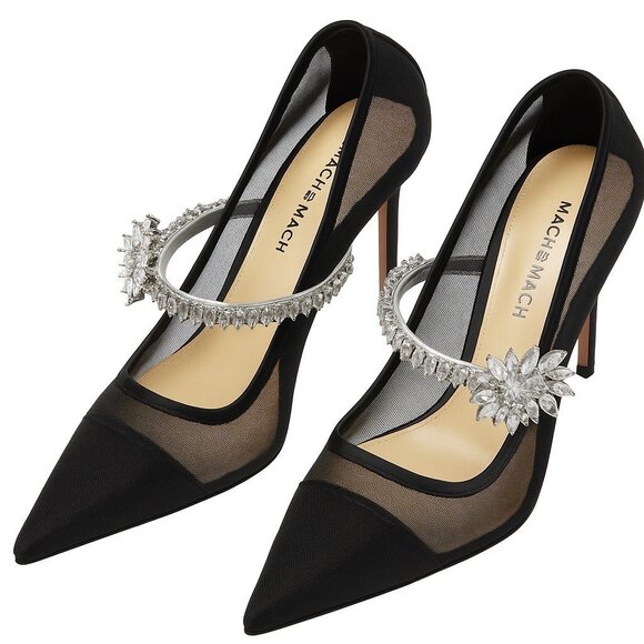 Mach & Mach Lotus Pumps Black Mesh Crystal Embellished Heels Size 39.5 US 9.5 - Picture 8 of 16